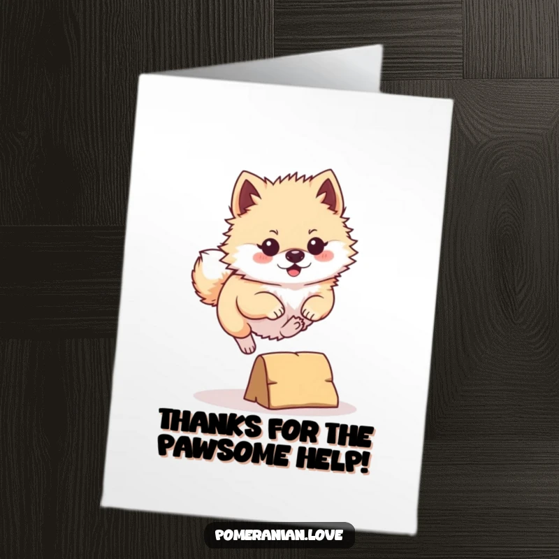 Funny Free Printable Pomeranian Thank You Card: Determined pomeranian leaping, a printable way to express thanks energetically.