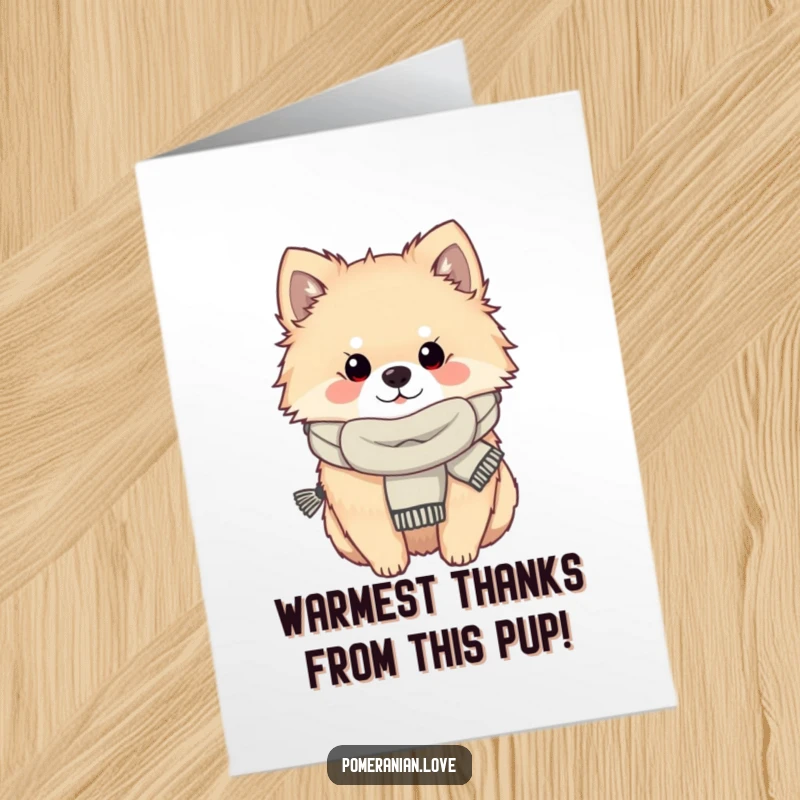 Funny Free Printable Pomeranian Thank You Card: A cozy Pomeranian in a scarf, looking warm and expressing gratitude.