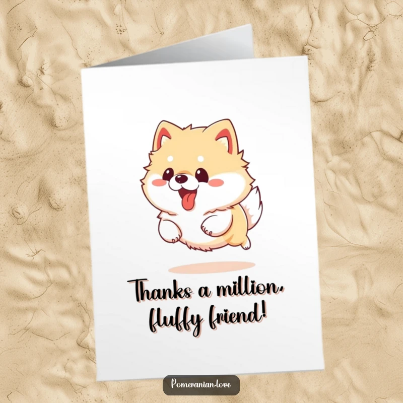Funny Free Printable Pomeranian Thank You Card: A fluffy, happy Pomeranian running with its tongue out, expressing heartfelt thanks.