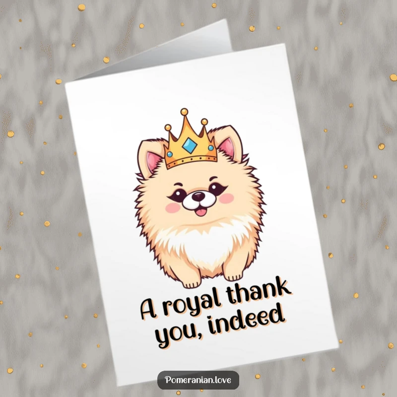 Funny Free Printable Thank You Card with a fluffy Pomeranian wearing a tiny crown, looking regal and happily acknowledging kindness.