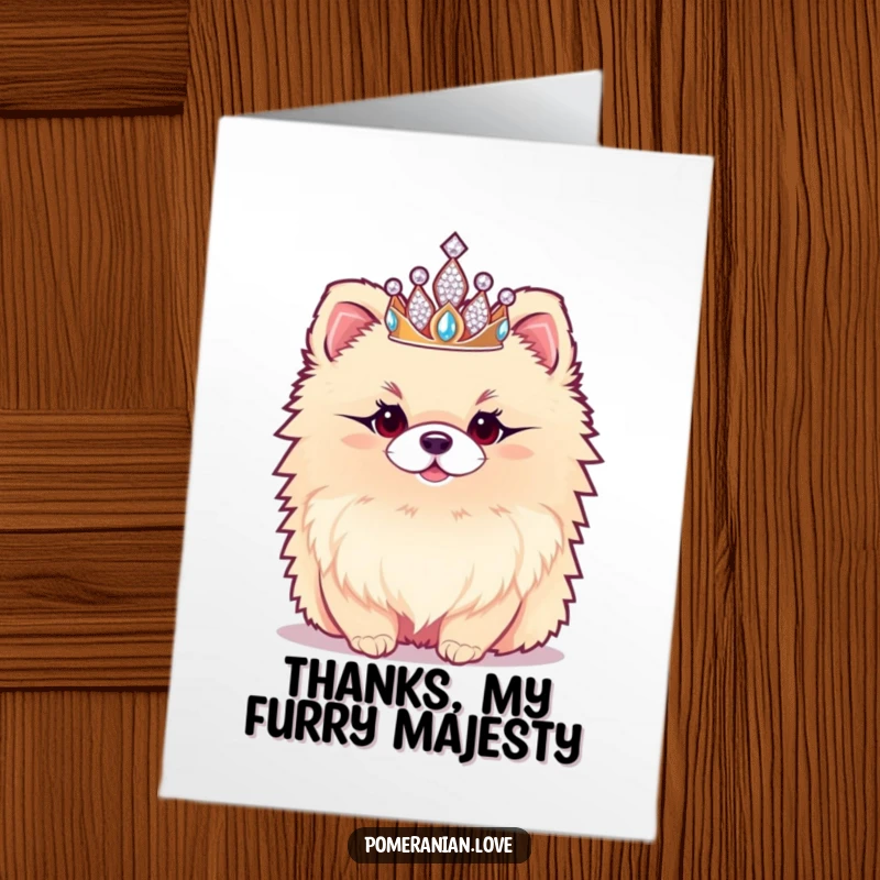 Funny Free Printable Thank You Card: Regal Pomeranian wearing a tiny sparkly tiara, offering elegant thanks.