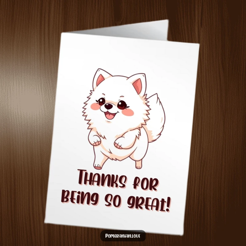 Funny Free Printable Thank You Card: A happy Pomeranian with its tail held high, trotting confidently to express thanks.