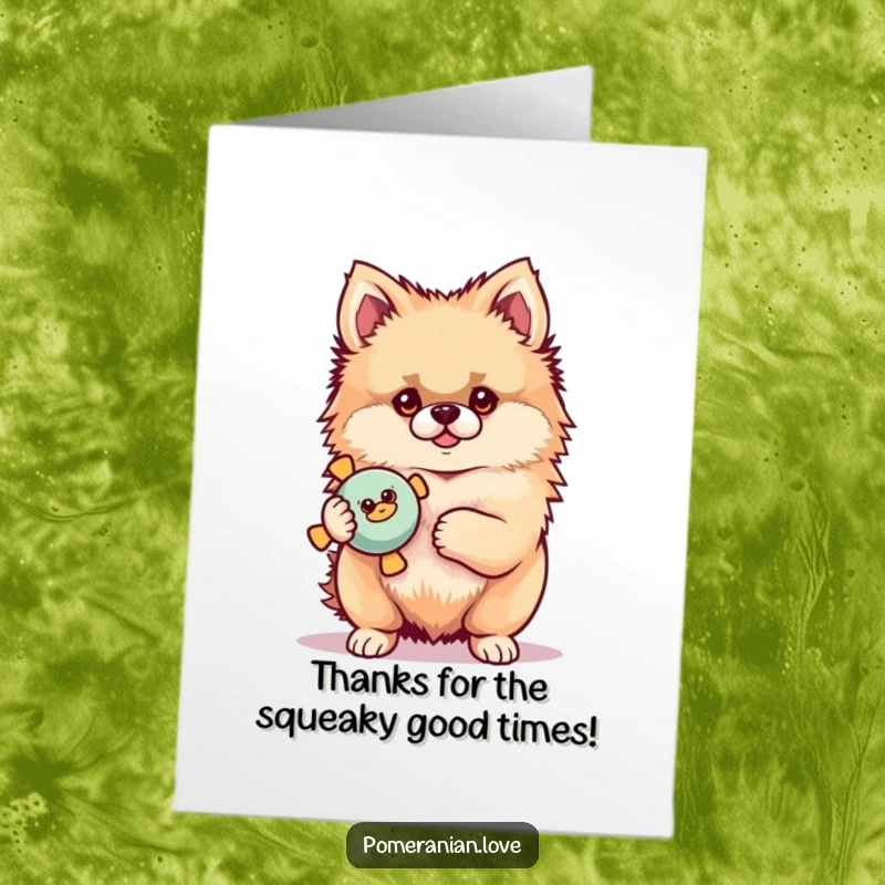 Funny Free Printable Thank You Card: A proud Pomeranian dog holding a squeaky toy, conveying sincere thanks.