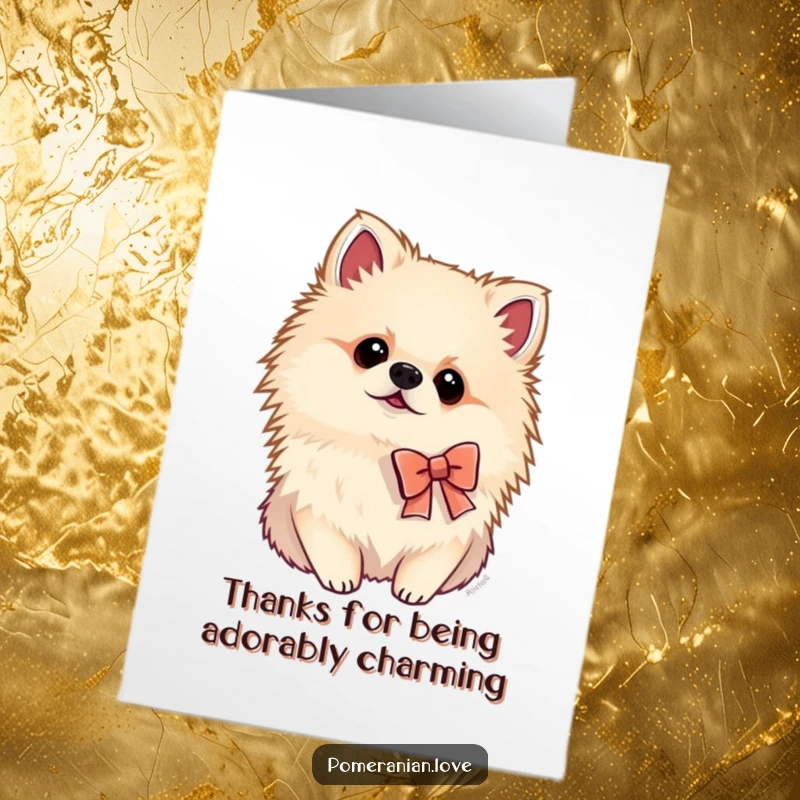Funny Free Printable Thank You Card: Charming Pomeranian in a bow tie, tilting its head with endearing curiosity.