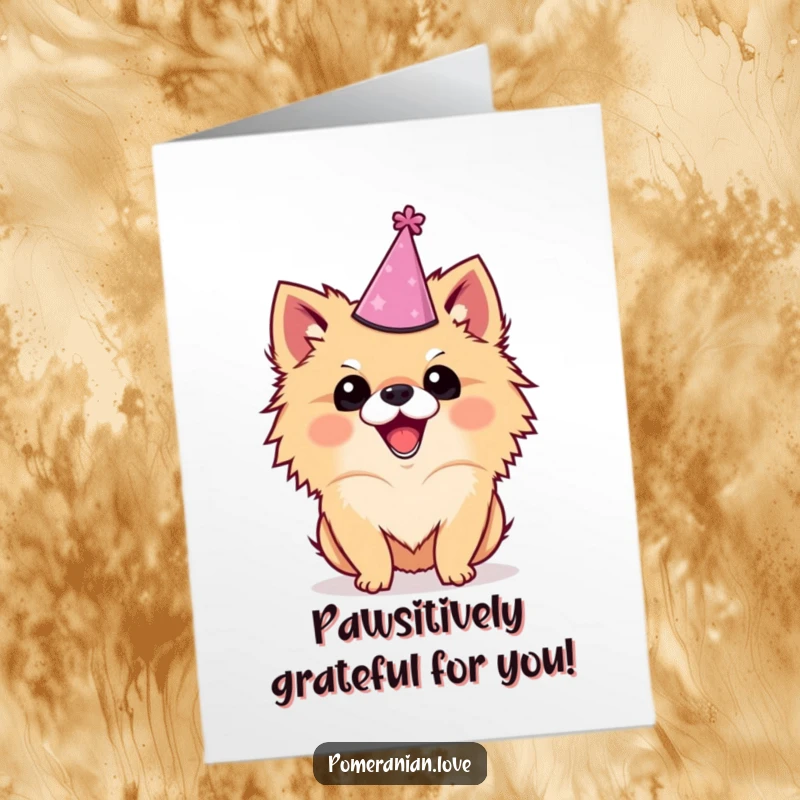 Funny Free Printable Thank You Card: Excited Pomeranian with a party hat, wagging tail, expressing gratitude with humor.
