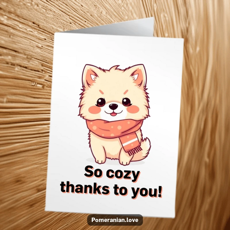 Funny Free Printable Thank You Card: Cozy Pomeranian wearing a scarf, content dog thanking you, cute art