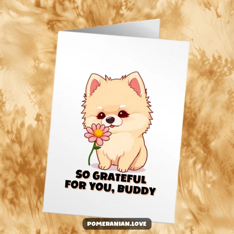 Funny Free Printable Thank You Card with a cute Pomeranian dog's head tilted while sniffing a bright flower.