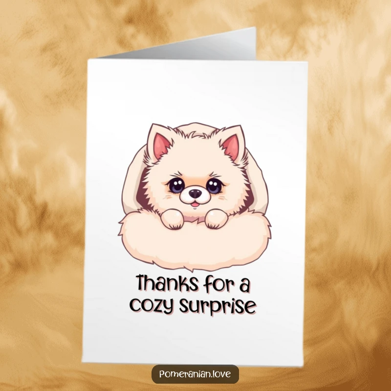 Funny Free Printable Thank You Card with a curious Pomeranian peeking from a fluffy bed, its bright eyes conveying warm appreciation.