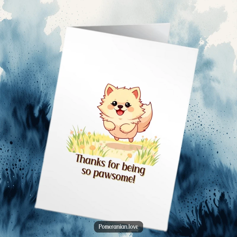Funny Free Printable Thank You Card: A happy Pomeranian dog energetically bounding, conveying heartfelt thanks.