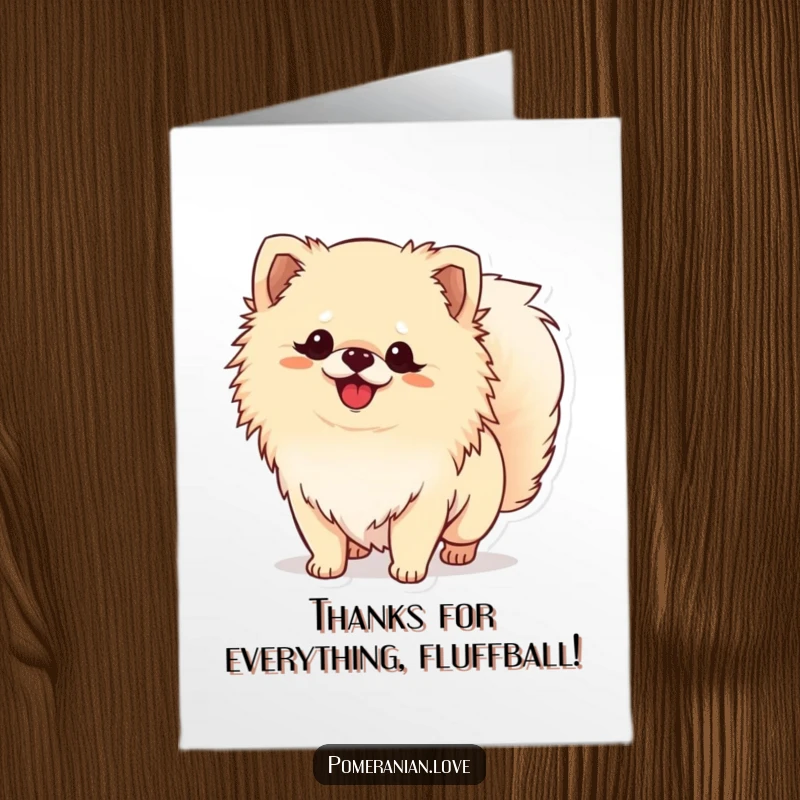 Funny Free Printable Thank You Card: Adorable Pomeranian dog with a wagging tail, expressing heartfelt thanks in a humorous way.