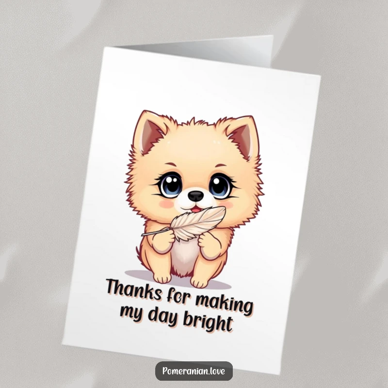 Funny Free Printable Thank You Card: Adorable Pomeranian with big, bright eyes playing with a feather, expressing thanks.