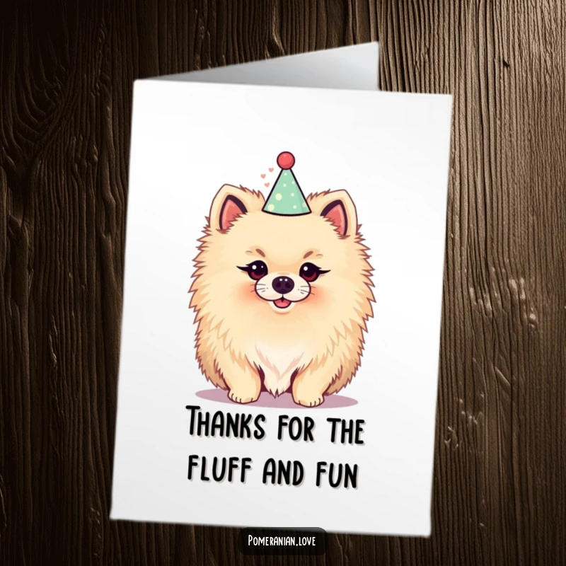 Funny Free Printable Thank You Card: Fluffy Pomeranian wearing a tiny party hat, expressing gratitude adorably, print at home.