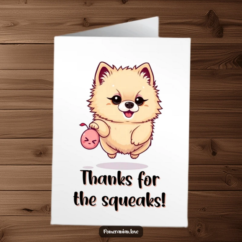 Funny free printable thank you card with a determined Pomeranian mid-leap for a tiny squeaky toy.