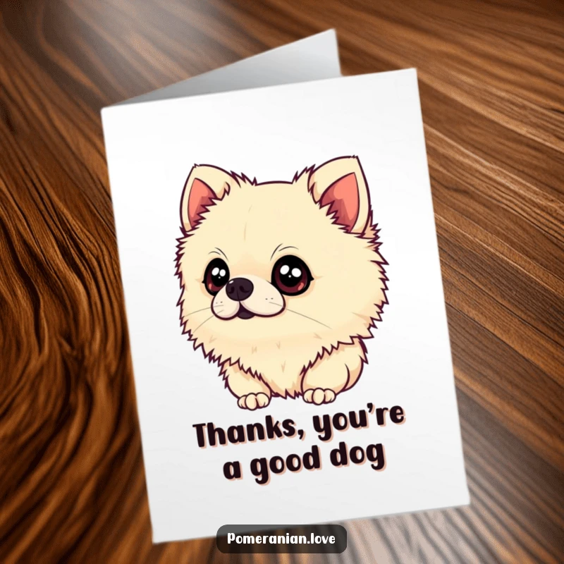 Funny Free Printable Thank You Card: Curious Pomeranian tilting its head, asking 'for me?' with wide, innocent eyes.