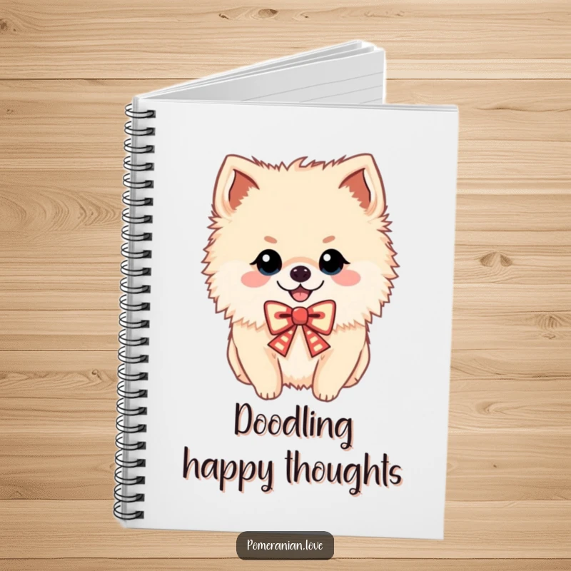 Funny notebook with a cheerful Pomeranian wearing a festive bow, ideal for notes, a humorous gift.