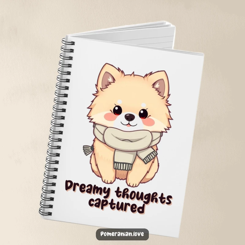 Funny Pomeranian dog wearing a scarf, looking cozy, featured on a notebook cover for warm and humorous note-taking.