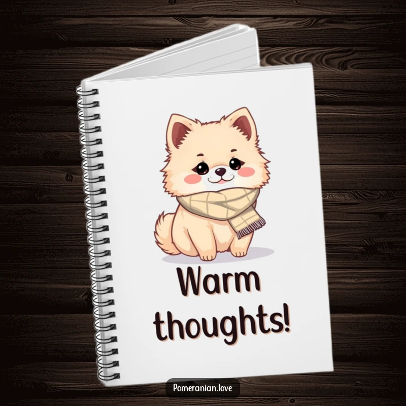 Funny cozy Pomeranian notebook, a journal with a dog wearing a scarf illustration, perfect for funny journaling.