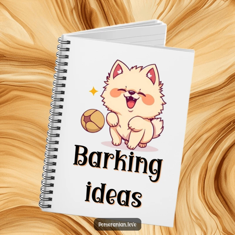 Funny Pomeranian dog character barking excitedly at a bouncing ball, ready to inspire energetic notes in this charming notebook.