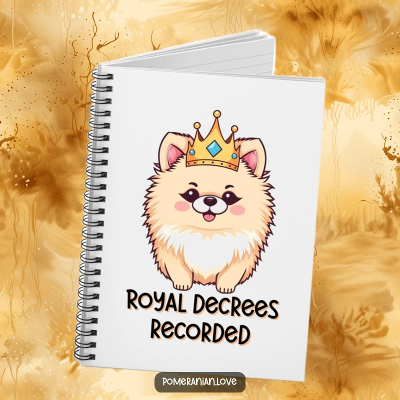 Funny Pomeranian notebook, a fluffy dog wearing a tiny crown, looking regal and happy, ready to inspire creative writing.
