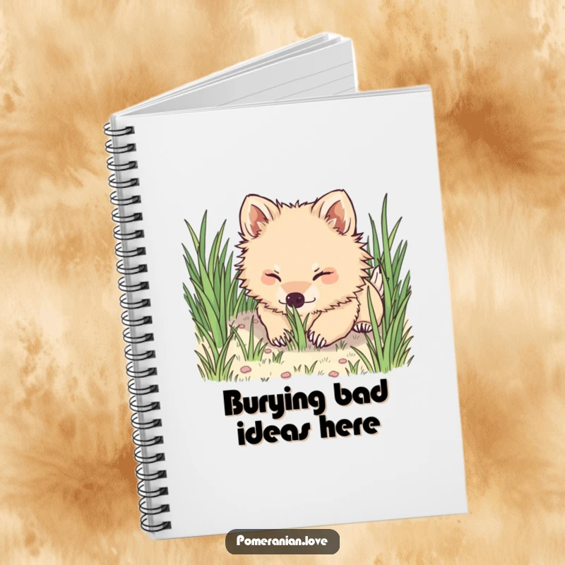 Funny Pomeranian notebook, a dog's nose playfully digging into grass, ideal for jotting down funny notes and ideas.