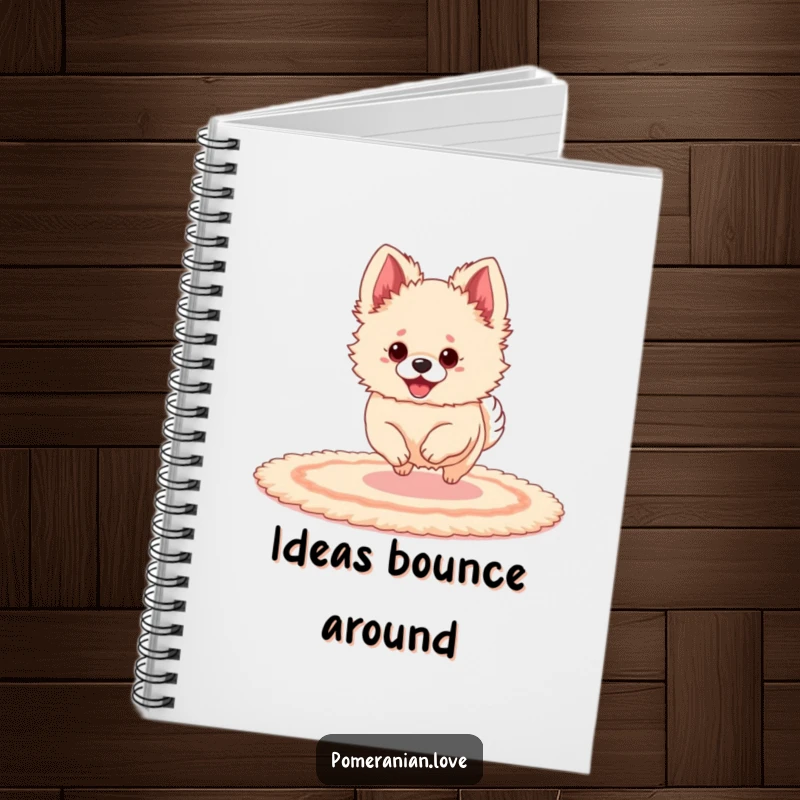 Funny Pomeranian with big ears bouncing on a rug, shown on a notebook cover for writing.