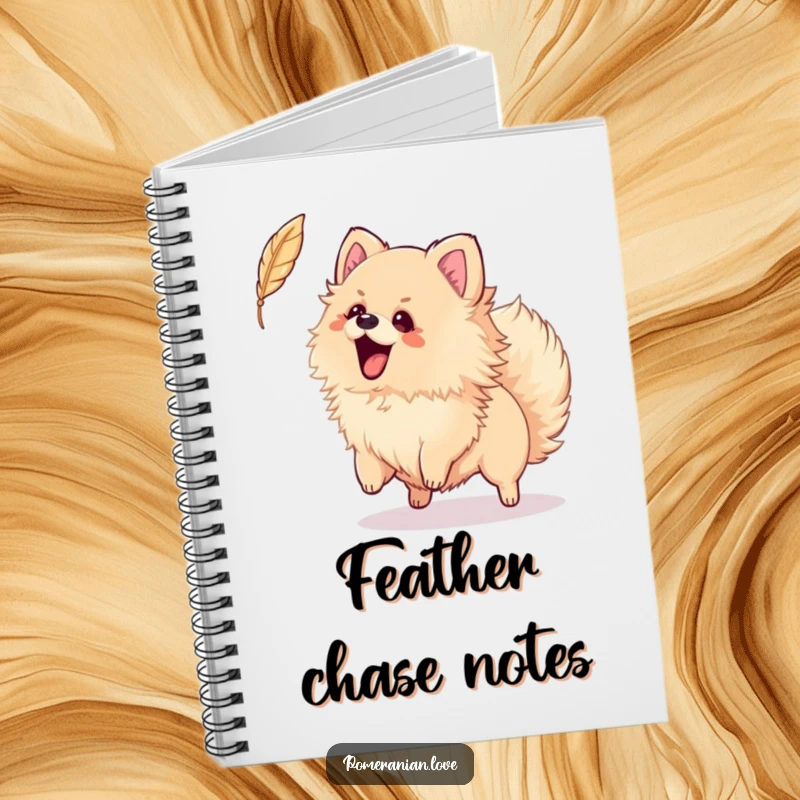 Funny notebook with an excited Pomeranian wagging its tail, playfully trying to catch a feather, ideal for capturing playful thoughts.