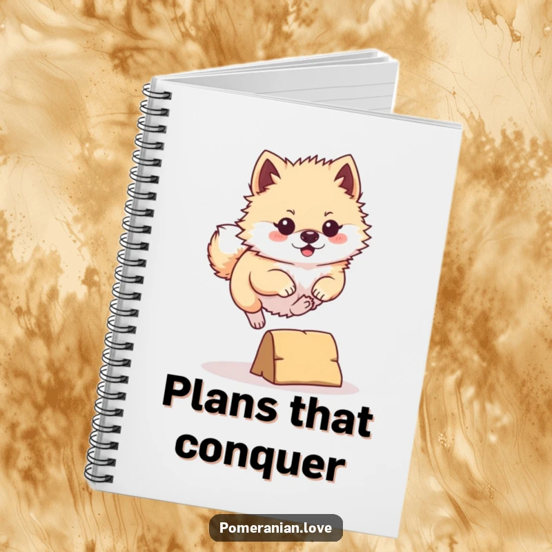 Funny Pomeranian Notebook: A determined Pomeranian energetically leaping over a tiny obstacle, perfect for journaling ambitious thoughts and creative ideas.