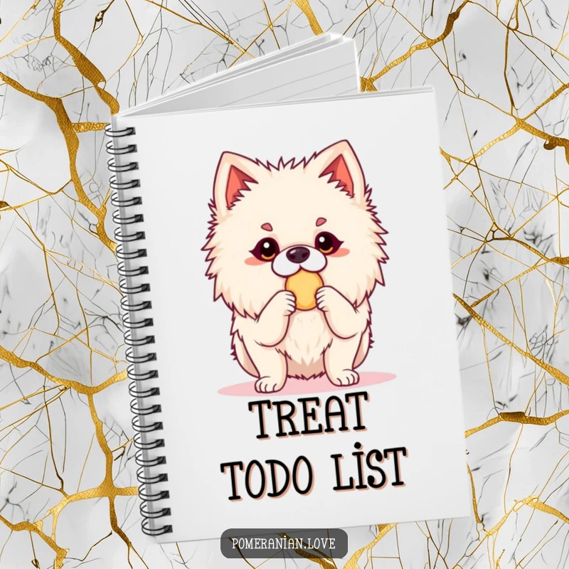 Funny Pomeranian notebook with an alert dog in a ready stance for a treat. Perfect for note-taking, adding humor and anticipation.