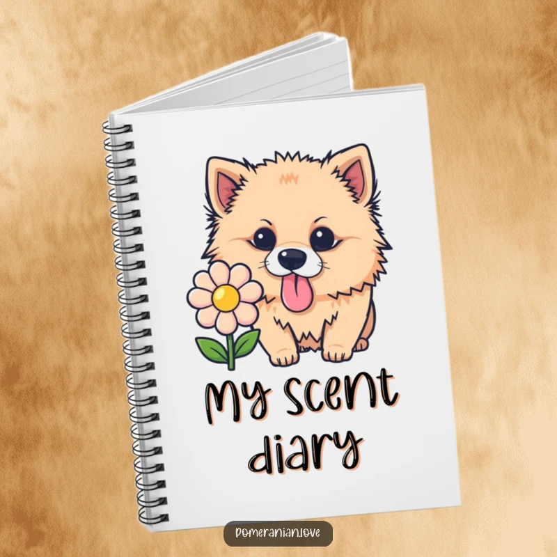 Funny Pomeranian notebook, a curious dog sniffing a flower, cute and humorous stationery for notes.