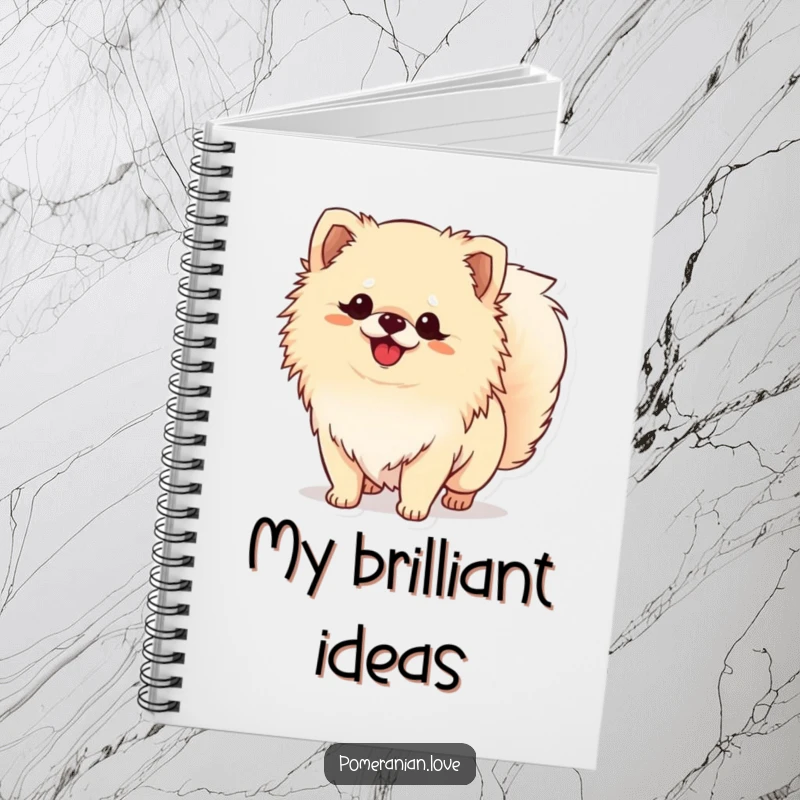 Funny Pomeranian notebook cover with a dog wagging its tail, designed to inspire creativity and add a cheerful touch.