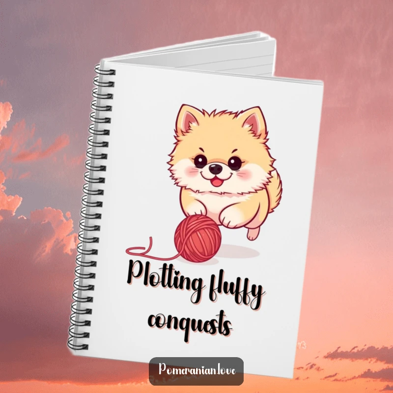 Funny Pomeranian notebook cover showing a cute dog with intense focus, chasing a rolling ball of yarn. Ideal for journaling or note-taking.