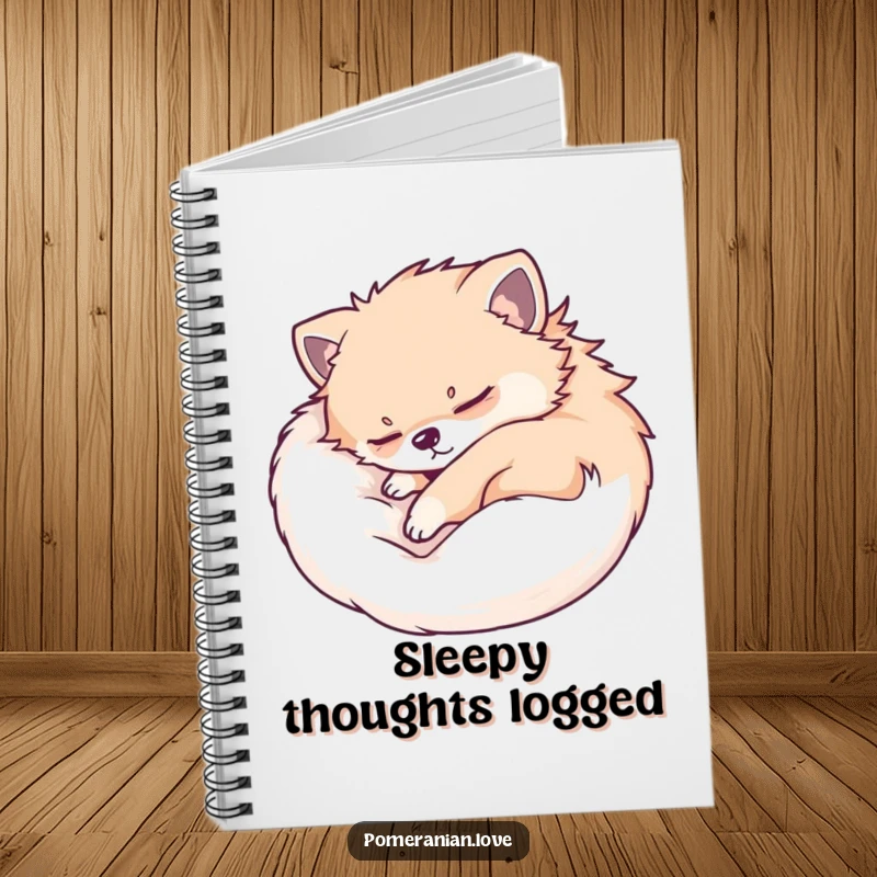 Funny Pomeranian notebook with a design of a dog sleeping peacefully, inspiring calm thoughts and creative writing.