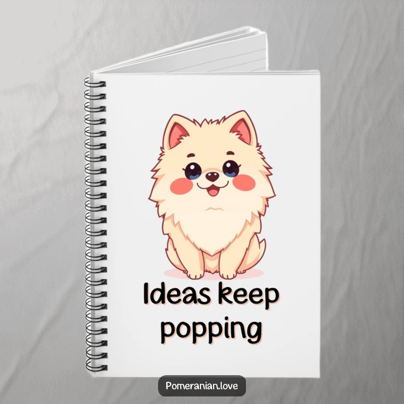 Funny Pomeranian dog with a surprised expression, featured on a notebook cover for humorous and expressive note-taking.