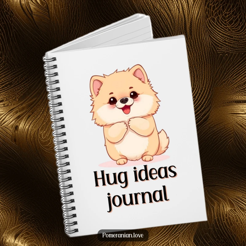 Funny Pomeranian notebook with an eager dog yapping and begging for a hug. Perfect for note-taking, adding humor and affection.