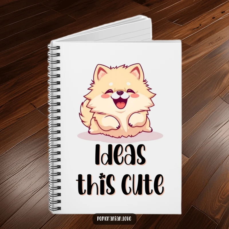 Funny Pomeranian dog rolling over with a joyful yip on a notebook cover, inspiring creativity and smiles.