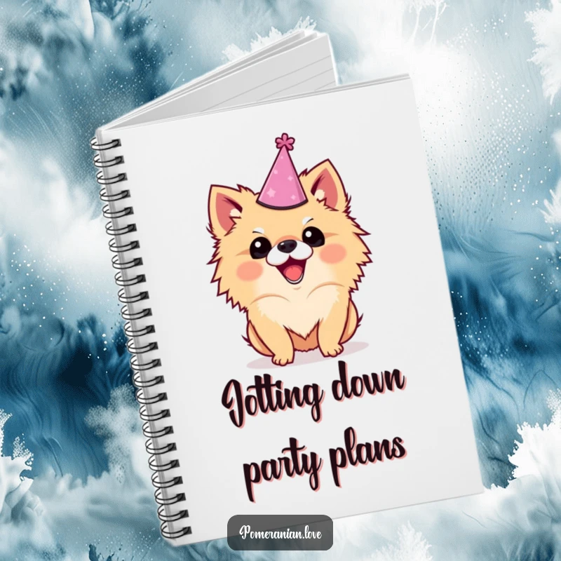 Funny Pomeranian notebook with a dog in a party hat, perfect for notes and sketches, adding humor to everyday tasks.