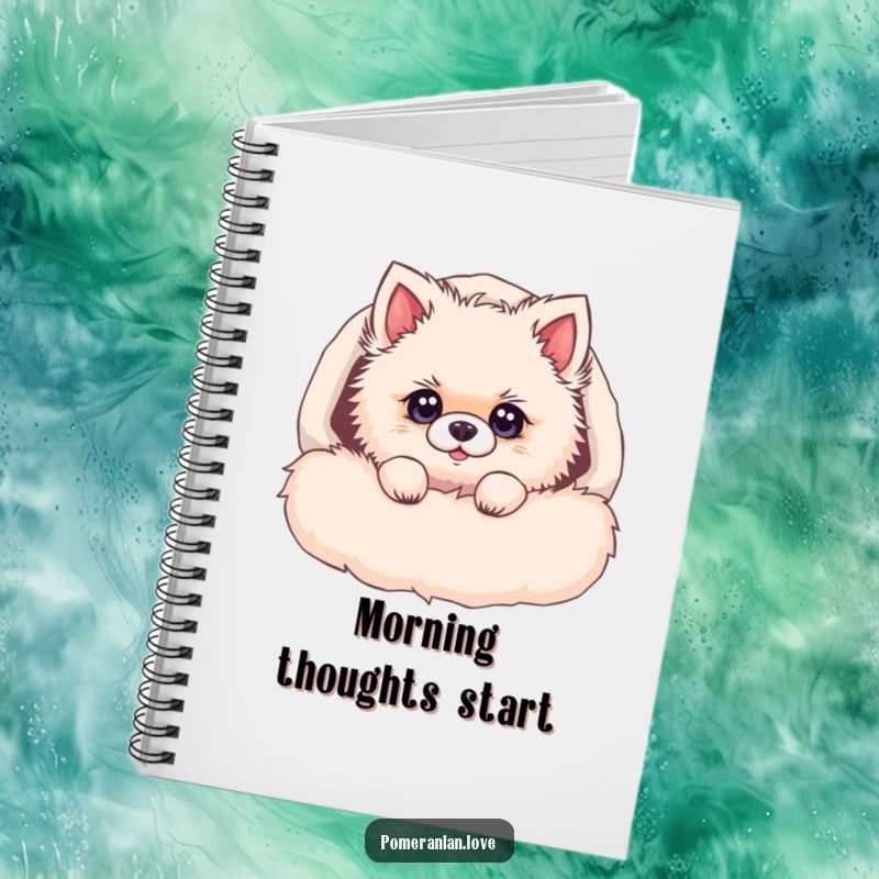 Funny Pomeranian notebook, a fluffy dog peeking from a cozy bed, with bright, curious eyes, inspiring creative writing.