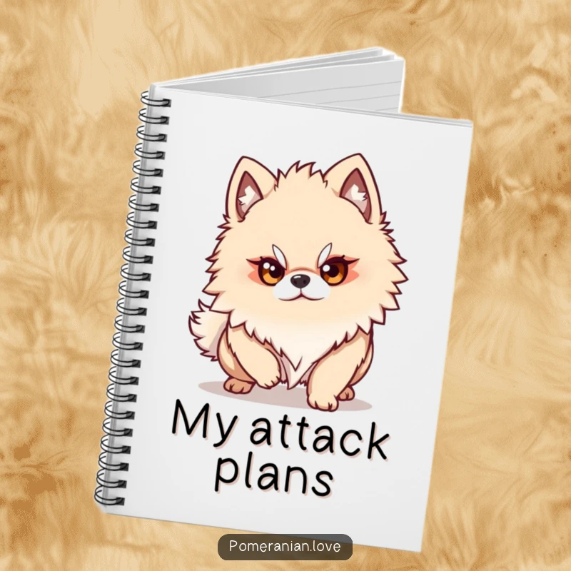 Funny Pomeranian dog character with a determined gaze, ready to pounce, inspiring focused note-taking in this charming notebook.