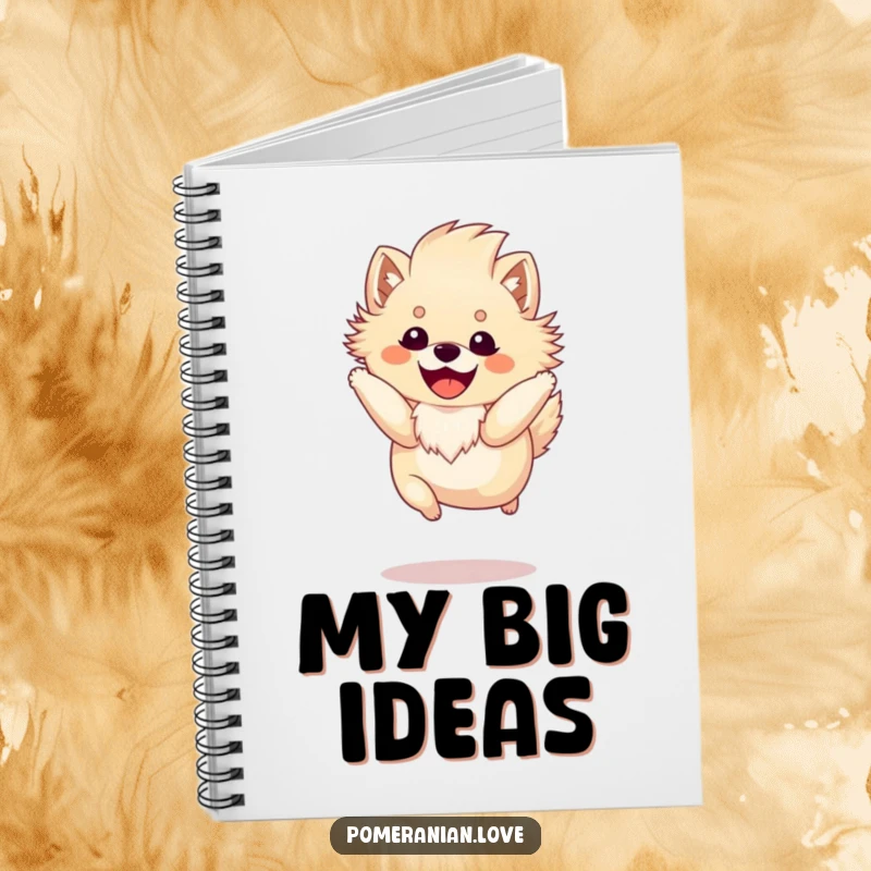 Funny Pomeranian notebook featuring a happy dog with a fluffy mane mid-jump, ready to inspire enthusiastic writing.