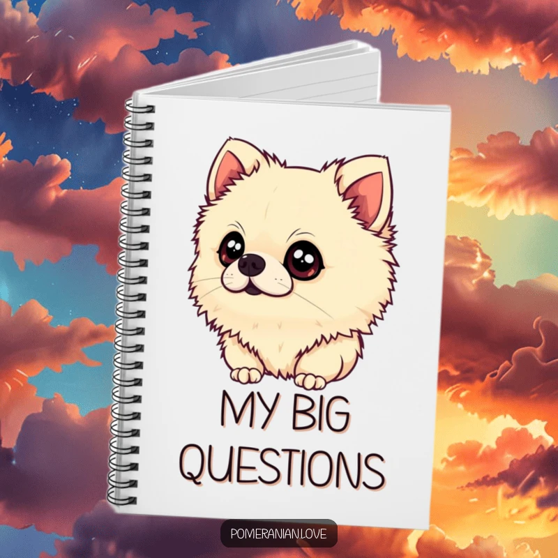 Funny Pomeranian Notebook: A lined notebook for jotting ideas, featuring a fluffy Pomeranian tilting its head with wide, innocent eyes, encouraging curiosity.