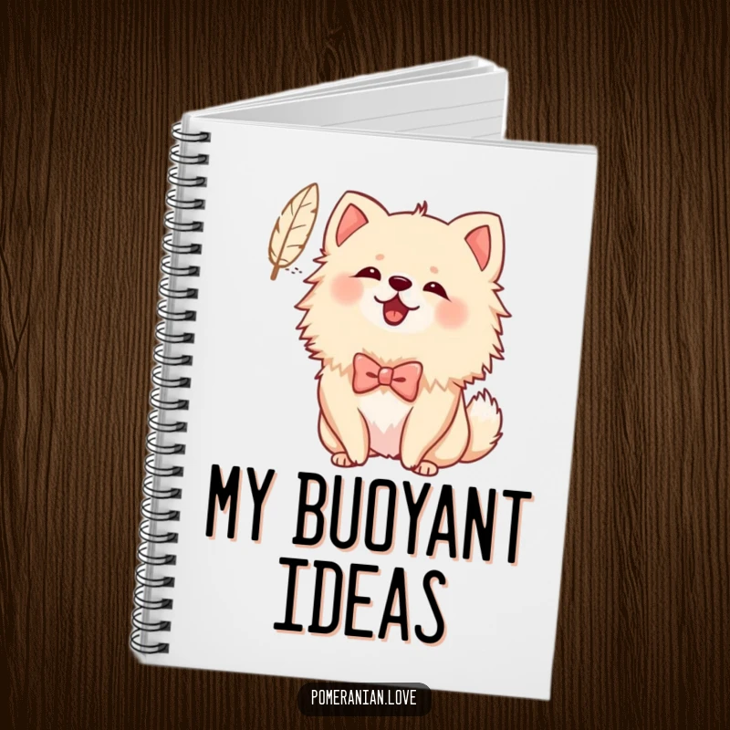 Funny Bowed Pomeranian Notebook: A Pomeranian wearing a bow cheerfully barks at a floating feather, perfect for jotting down playful ideas.