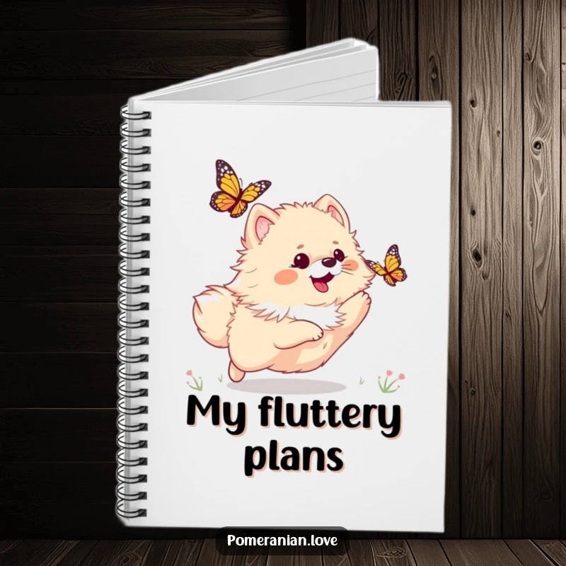Funny notebook cover featuring a playful Pomeranian dog chasing a butterfly, inspiring notes and doodles.