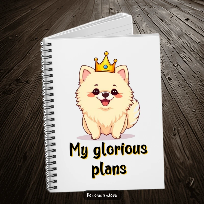 Funny royal Pomeranian notebook cover with a crowned dog shaking its fluffy tail with glee.
