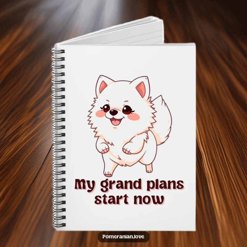 Funny Pomeranian notebook cover, showing a smiling dog with its tail held high, confidently trotting forward with a joyful and determined gait.