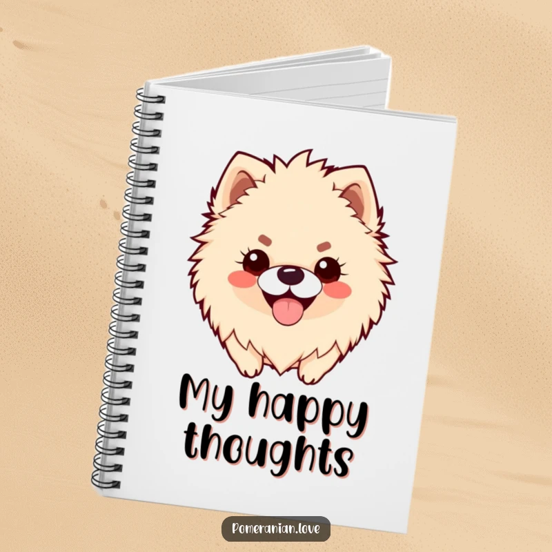 Funny notebook featuring a fluffy Pomeranian with a happy panting smile, ideal for jotting notes with joy.