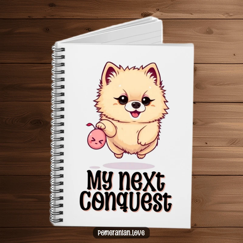 Funny notebook with a determined Pomeranian leaping for a tiny squeaky toy, perfect for jotting down notes.