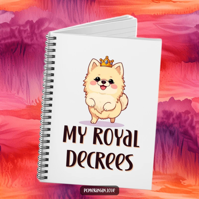 Funny notebook featuring a fluffy Pomeranian wearing a crown and prancing joyfully, ideal for jotting down regal thoughts.