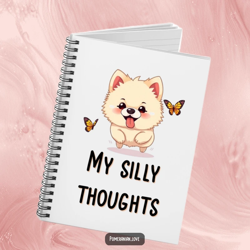Funny Pomeranian notebook, a silly dog with tongue out, chasing a butterfly, inspiring energetic and creative writing.