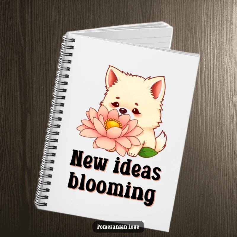 Funny notebook with a curious Pomeranian sniffing a giant flower, perfect for jotting down notes and ideas.