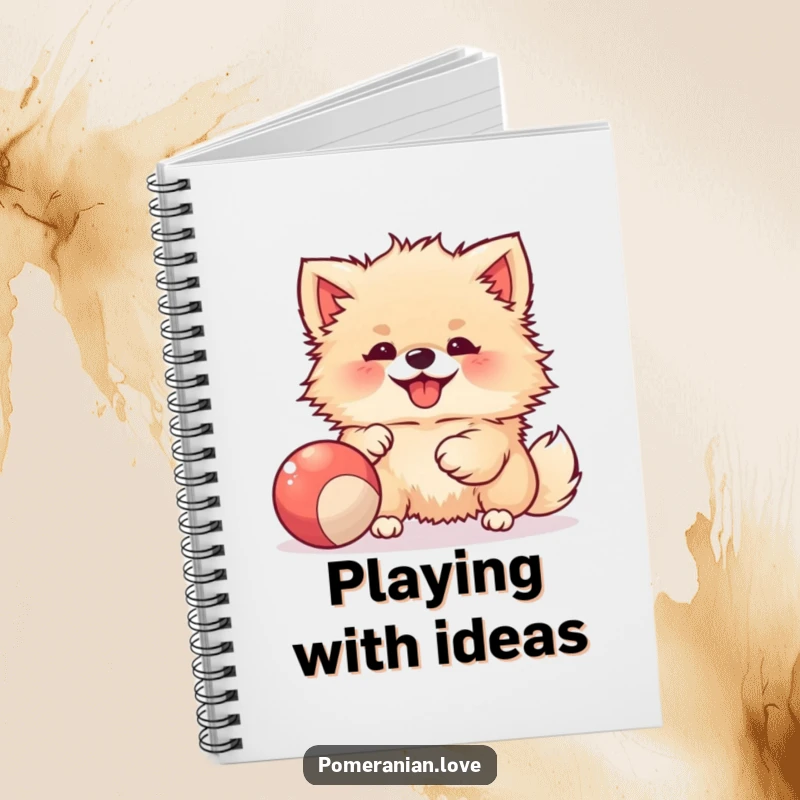 Funny notebook with a joyful Pomeranian playing with a bouncy ball, perfect for jotting down notes and happy ideas.